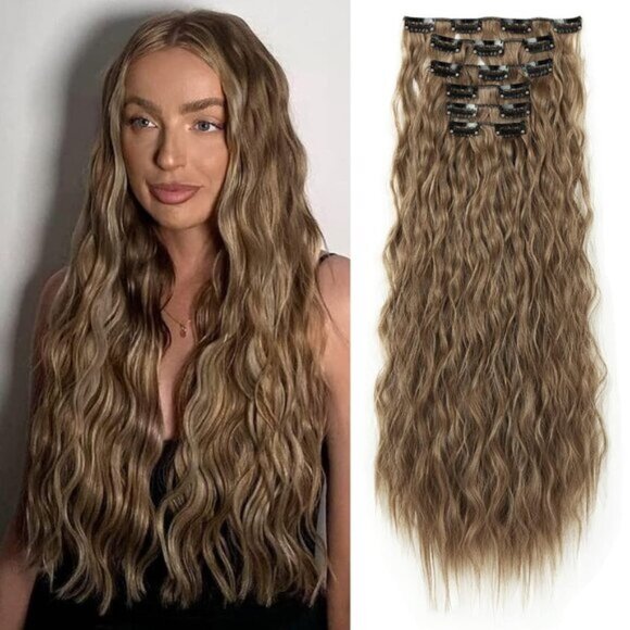 Other - 6PCS 24" Synthetic Curly Wavy Dark Ash Blonde Highlights Clip-In Hair Extensions